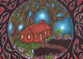 In a circle framed with twigs and branches sits a cottage with trees behind it and a path it its front door. There are flowers in its garden and its windows are lit.