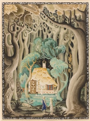 Inside a forest of gloomy stylized trees sits a cottage enclosed by more colourful trees. Its roof is made of yellow biscuits and its door, window and wall are studded with candy. A boy and a girl hold hands looking at the cottage.