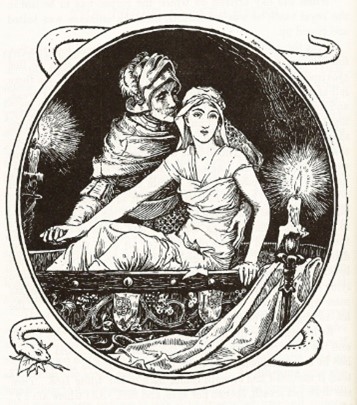 A man in a turban holds the hand and kisses the ear of a woman facing away from him. Candles burn side the couple who are drawn in an oval frame.