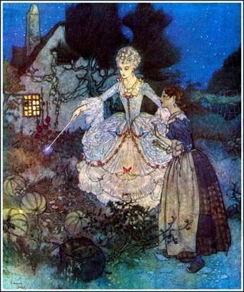 Outside a house with a light burning in the window under a starry sky, a woman in a ballgown points a wand at a bush. Beside her stands a younger woman dressed in rags.