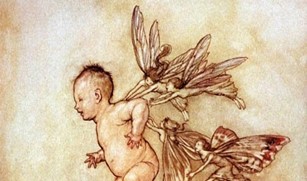 Four fairies cling to the back of a naked running infant, trying to hold it back.