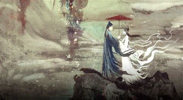 On a boulder by the sea stand a man in a long-sleeved cloak speaking to a woman in a long dress holding an umbrella with her dress waving in the wind.