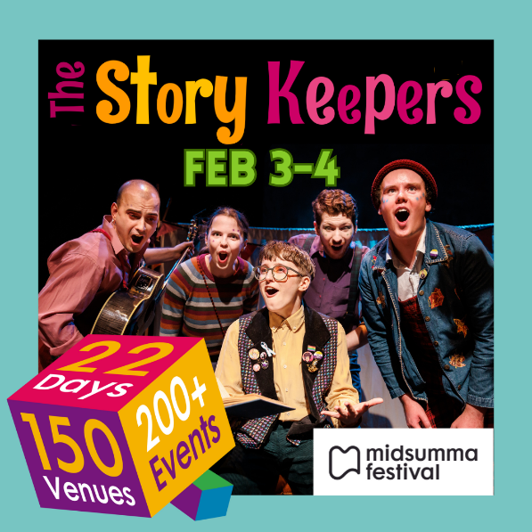 A poster for Midsumma Festival, featuring a group of five exuberant singers, entitled The Story Keepers Feb 3-4.